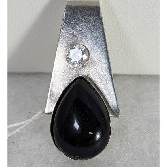 Sterling silver pendant Onyx bezel set + CZ No chain  13/4"x 3/4"Signed OOAK NWT - Picture 1 of 6